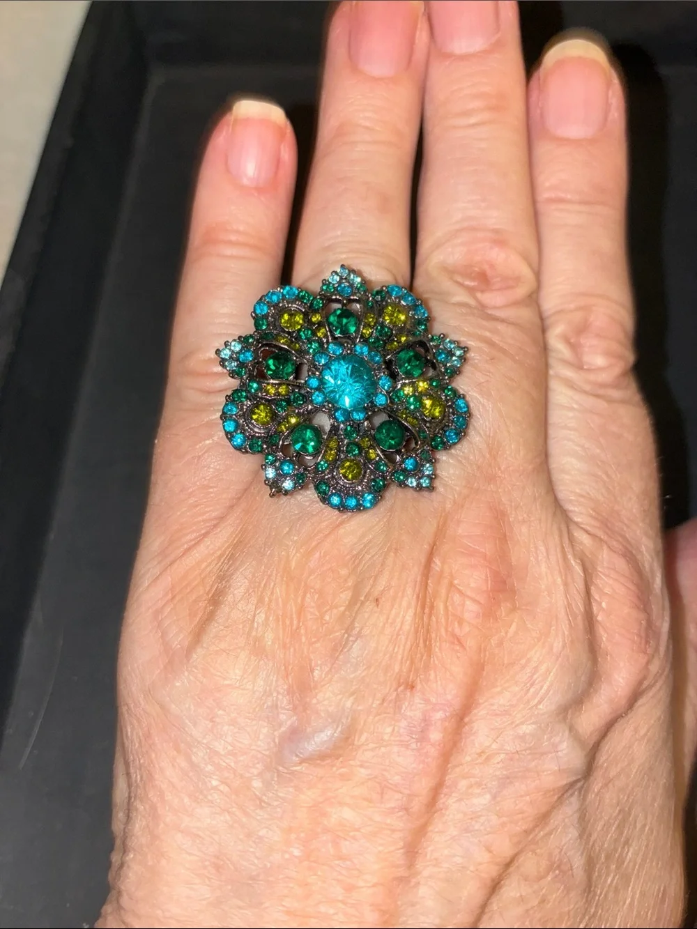 Floral Teal & Green Crystal Cocktail Stretch Ring